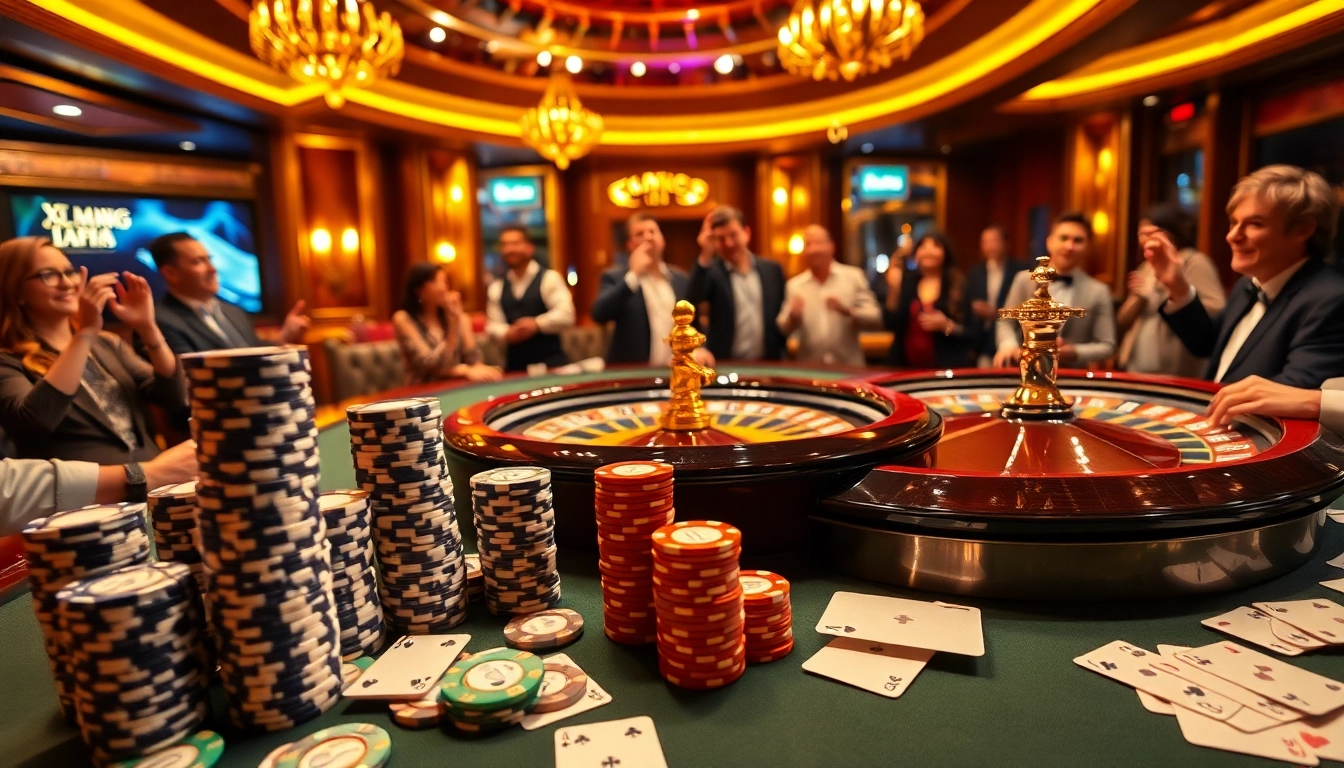 Players engaging in poker and betting at XX88 casino, surrounded by vibrant casino elements.
