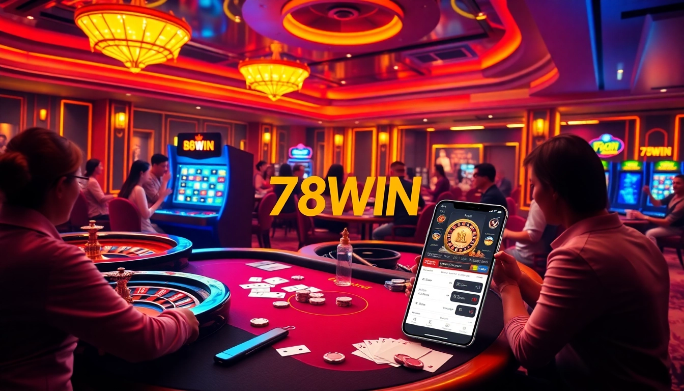 Experience link vào 78WIN with an exciting casino scene featuring roulette, cards, and slot machines.