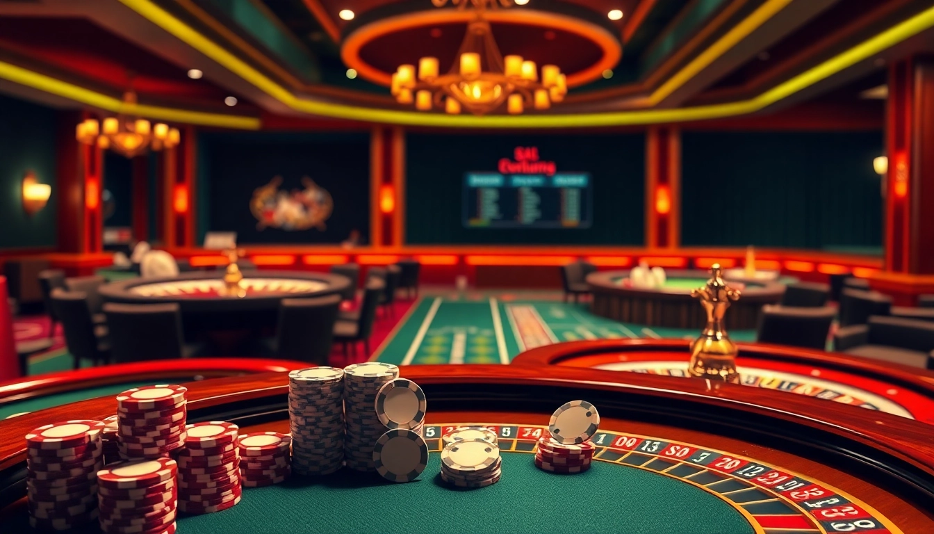 Interactive betting scene at SV388 with vibrant casino elements including poker chips and roulette tables.