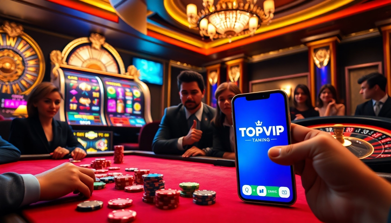 TOPVIP poker table scene with engaging players and vibrant casino atmosphere.