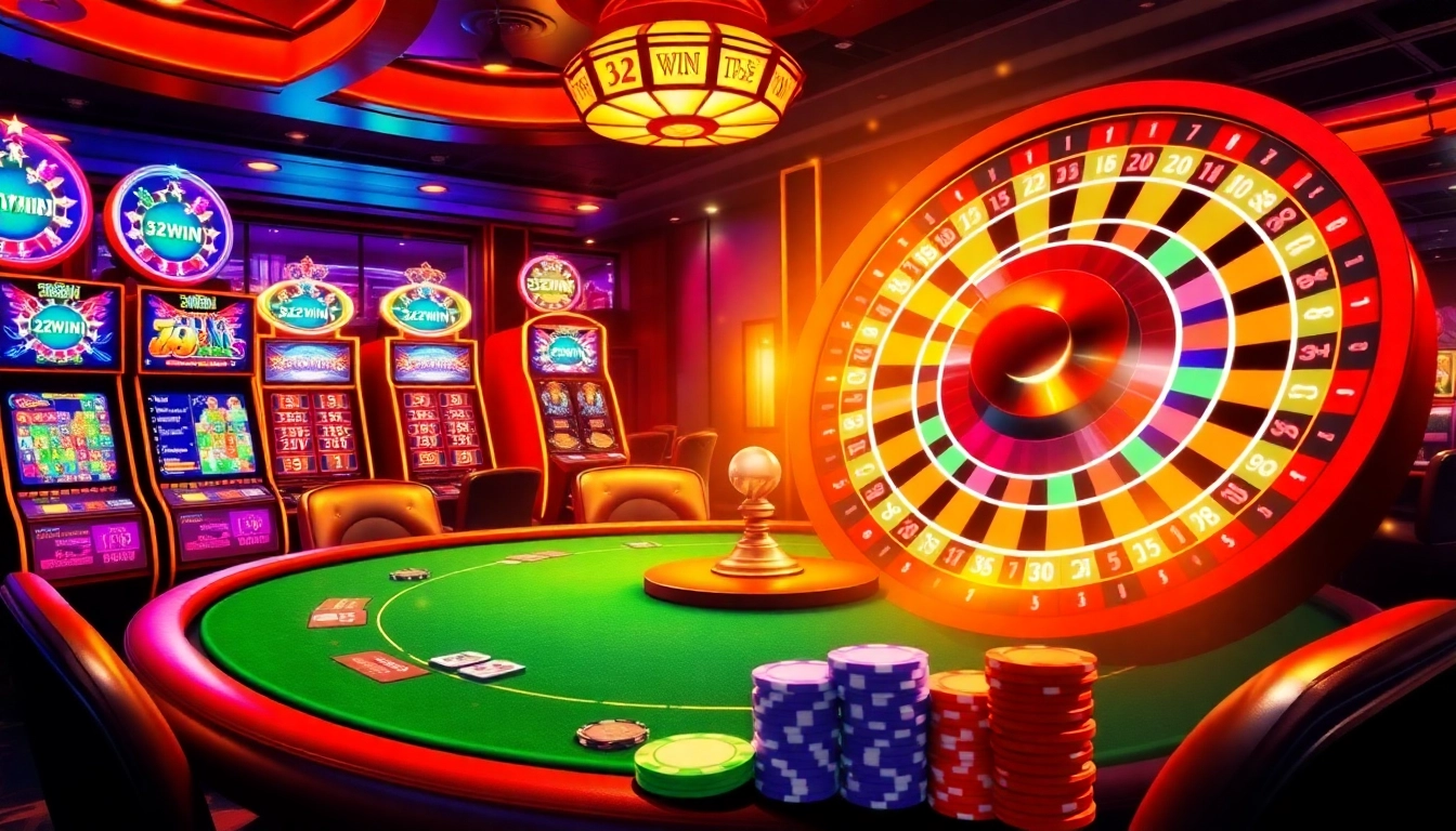Experience the excitement of 32WIN at a vibrant casino table with poker chips and slot machines.
