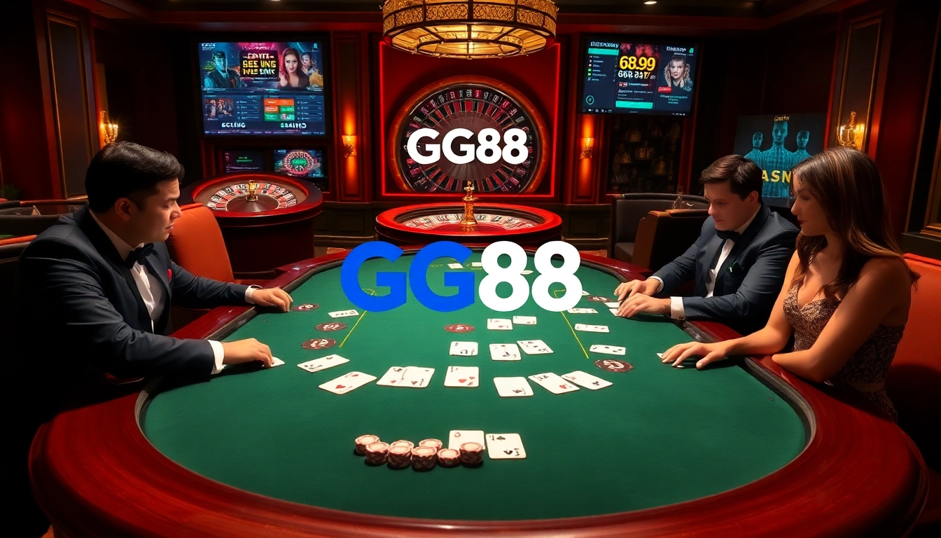 Experience the thrill of winning at GG88's luxurious casino tables with poker chips and cards.