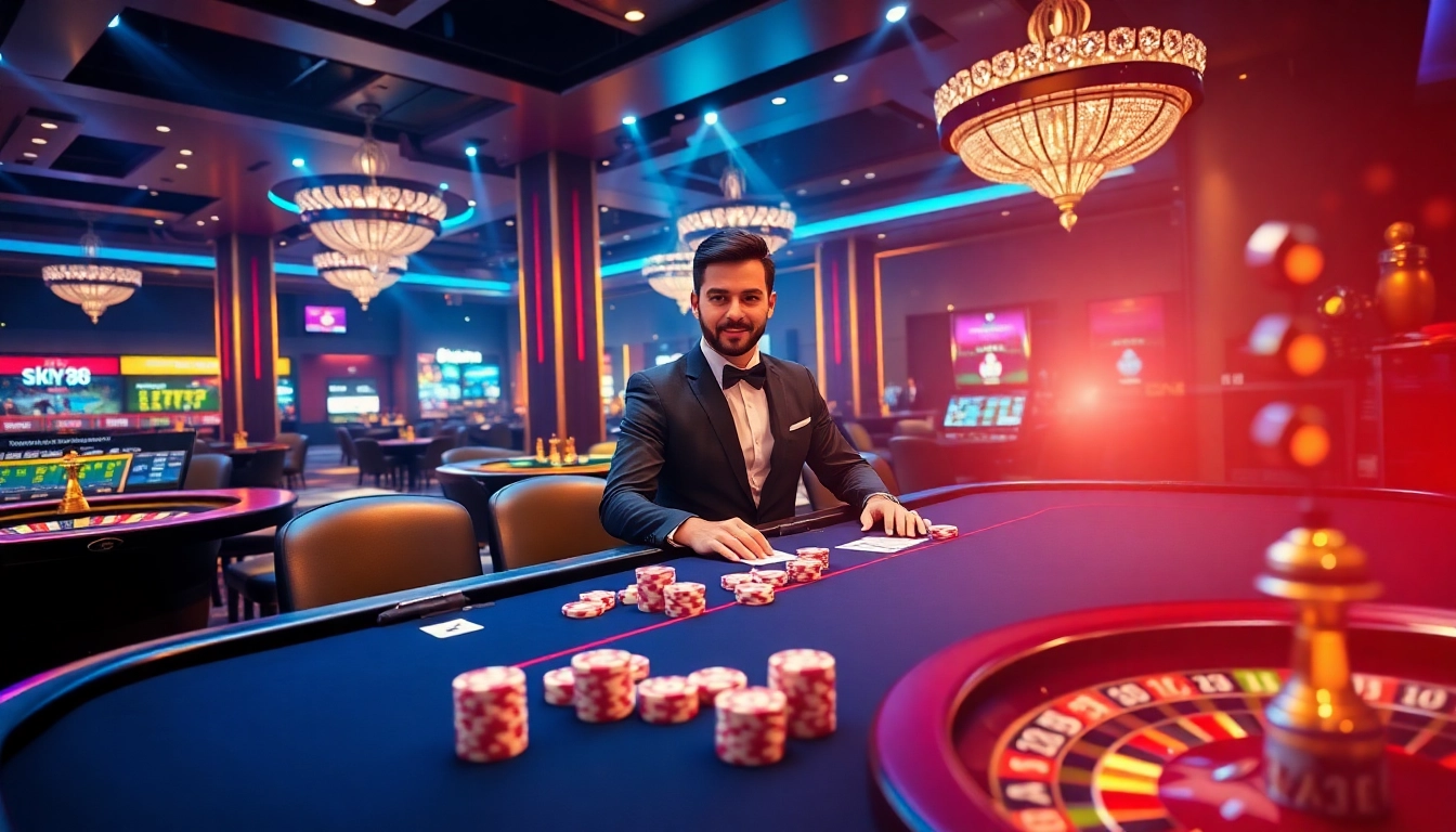 Engage in thrilling games at Nhà cái Sky88, featuring vibrant poker tables and exciting betting elements.