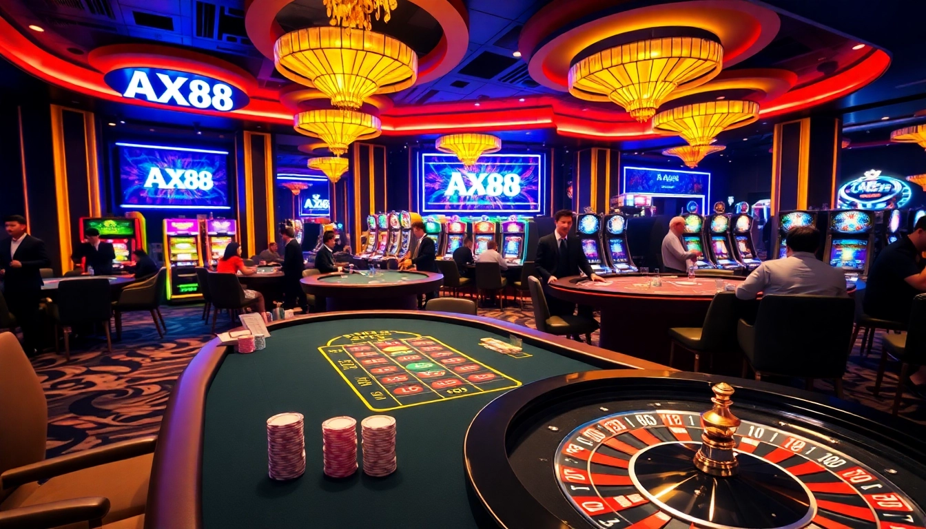 AX88 casino scene with players at tables, poker chips, and vibrant lighting.