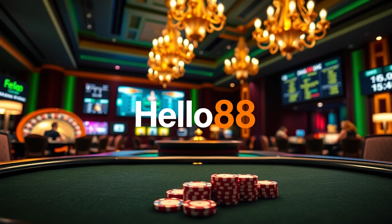 Hello88 casino scene with players at a poker table and roulette wheel showcasing high stakes excitement.