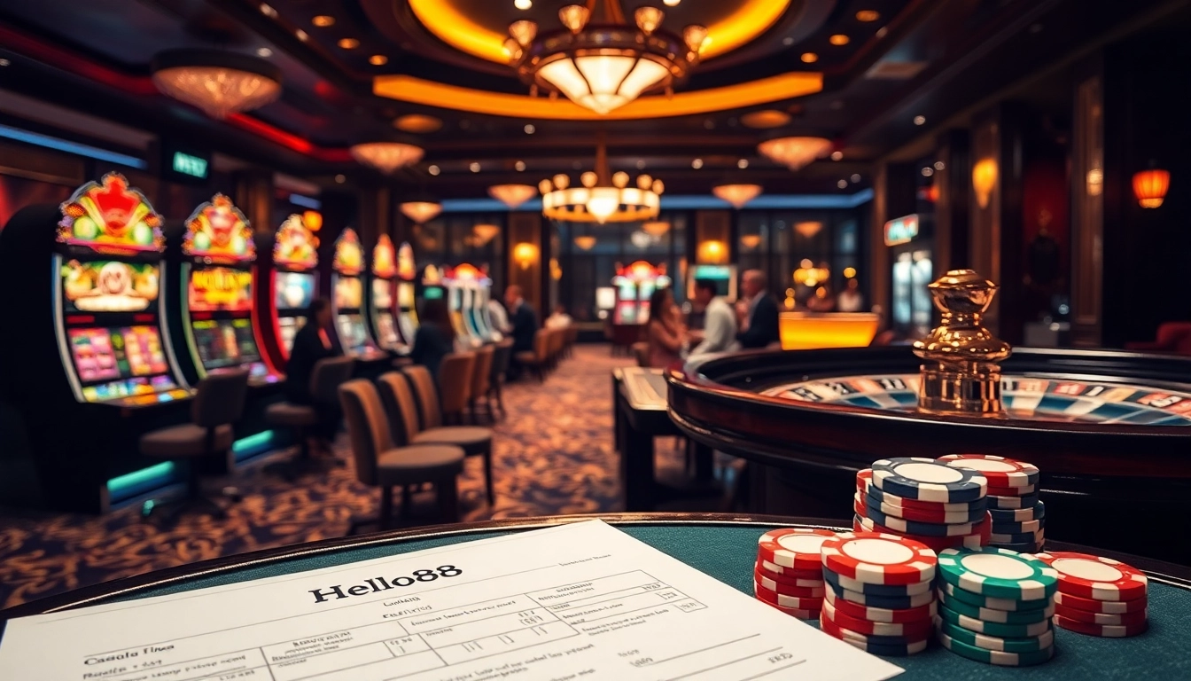 Experience the thrill of Hello88 at a luxurious casino with poker tables and vibrant slot machines.