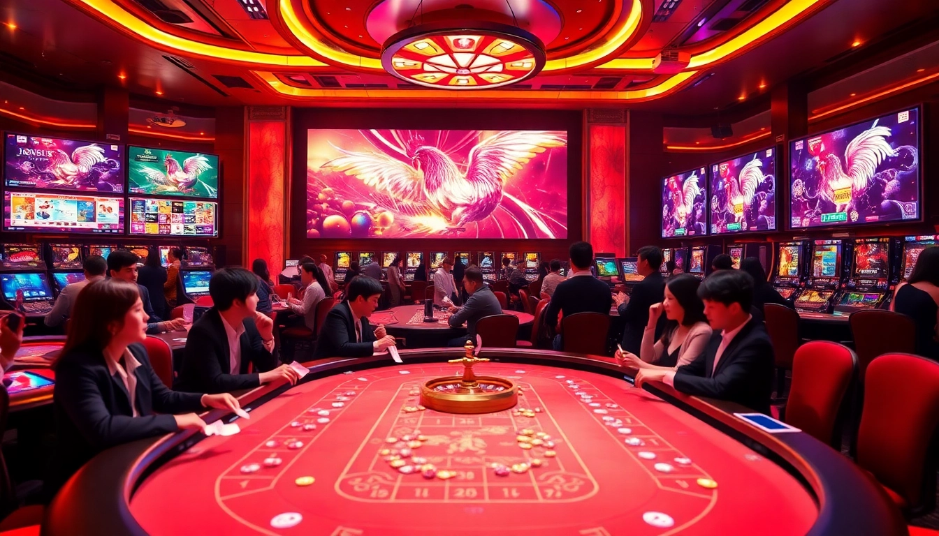 Experience the excitement of Đá Gà BJ38 in a luxurious gaming arena filled with players and vibrant betting visuals.
