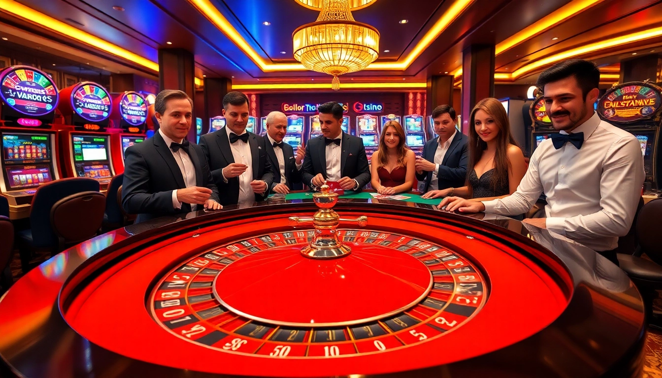 Experience high-stakes gaming at https://www.roo99.net/ with a luxurious roulette table surrounded by excited players.