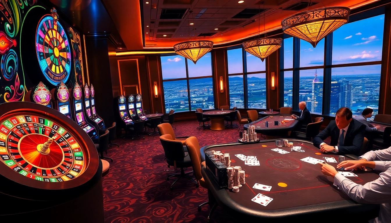 Experience the thrill of 33win with luxurious casino elements showcasing roulette, poker, and vibrant slot machines.