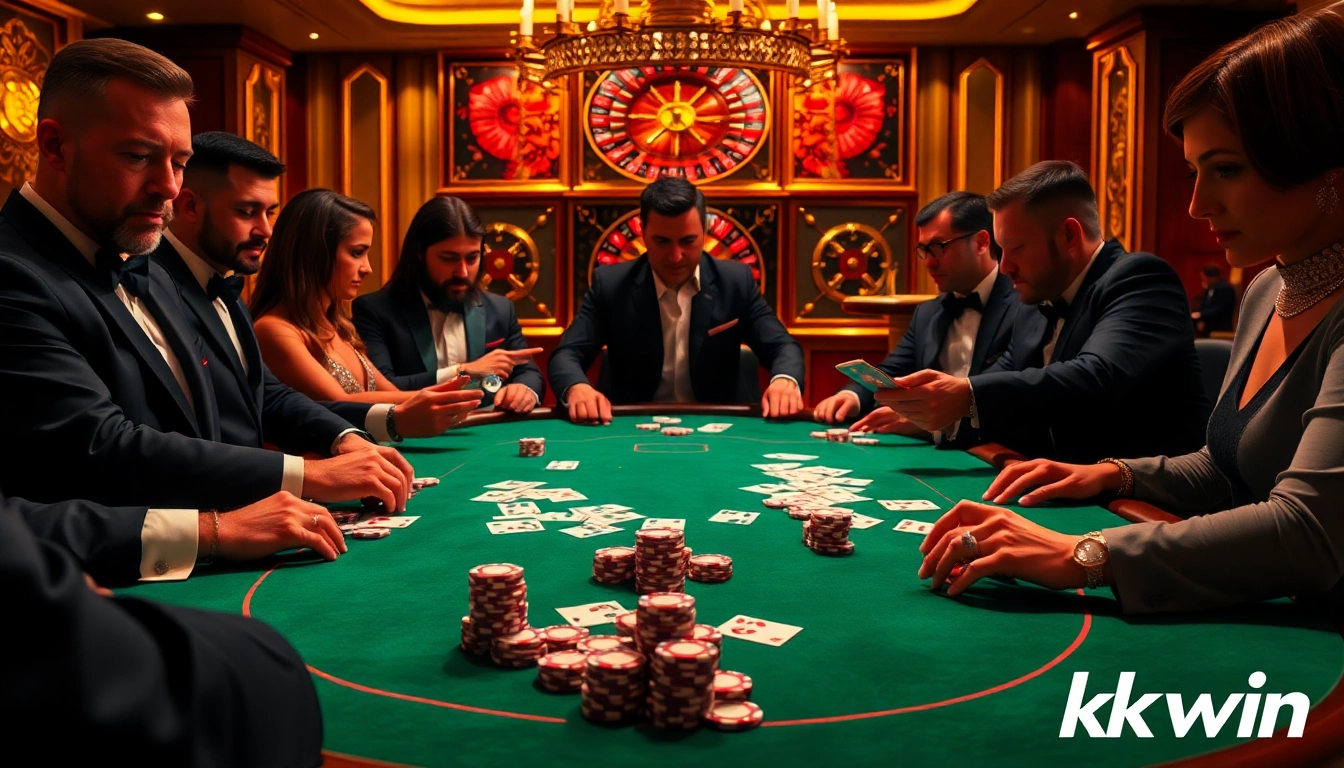 Experience high-stakes poker action at kkwin's luxurious casino table, featuring vibrant colors and professional players.