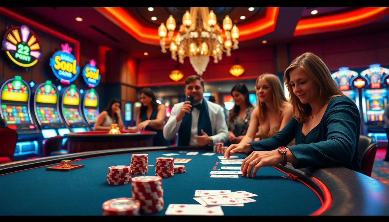 Experience the excitement of 22JL at a luxurious casino table with vibrant gaming elements.