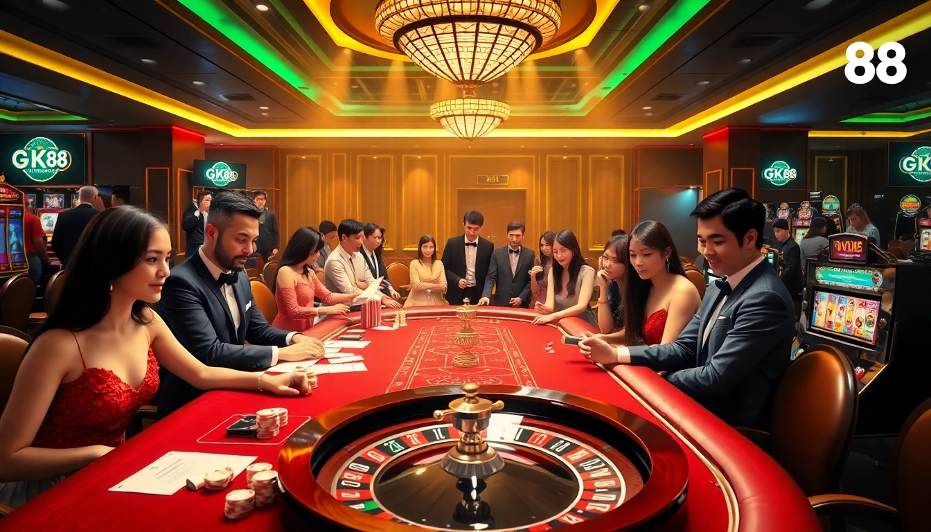 Experience the thrill of gambling at Nhà cái GK88 with a vibrant casino scene showcasing exciting card games, roulette, and slot machines.