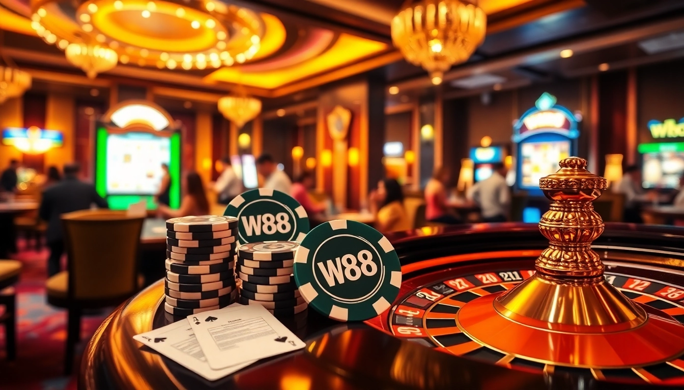 Experience the excitement of W88 casino gaming with luxurious tables and lively players.
