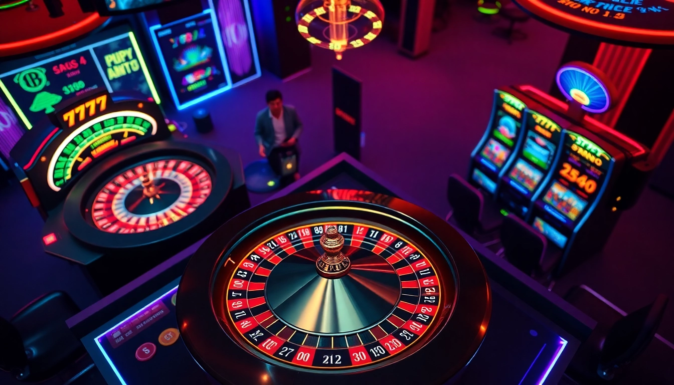 A thrilling online gambling experience with a roulette wheel, poker chips, and slot machines at https://777gapp.com.br showcasing luxury and excitement.