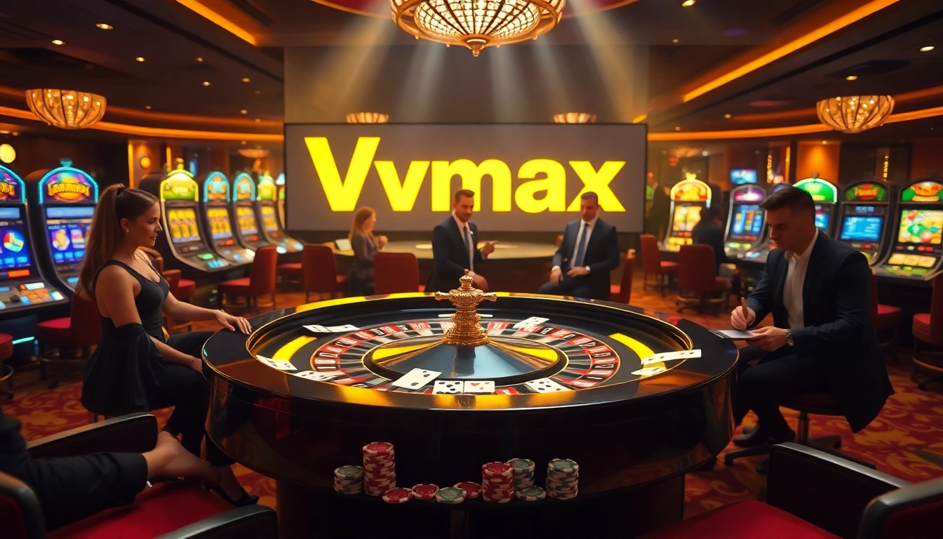 Experience Vmax gaming action at a luxury casino with roulette, chips, and cards.