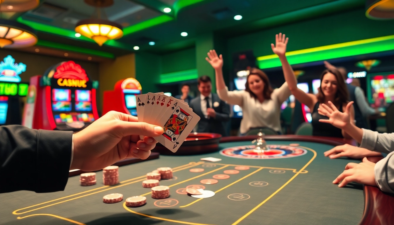 Excited players celebrate wins at L444's luxurious casino table with vibrant chips and cards.