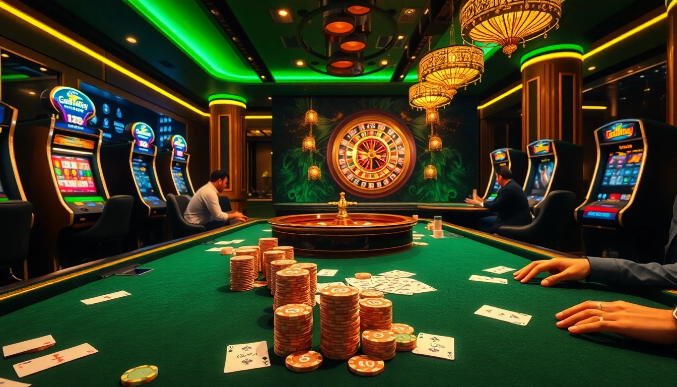 Nohu-themed casino scene with poker players, chips, and roulette wheel in vibrant setting.