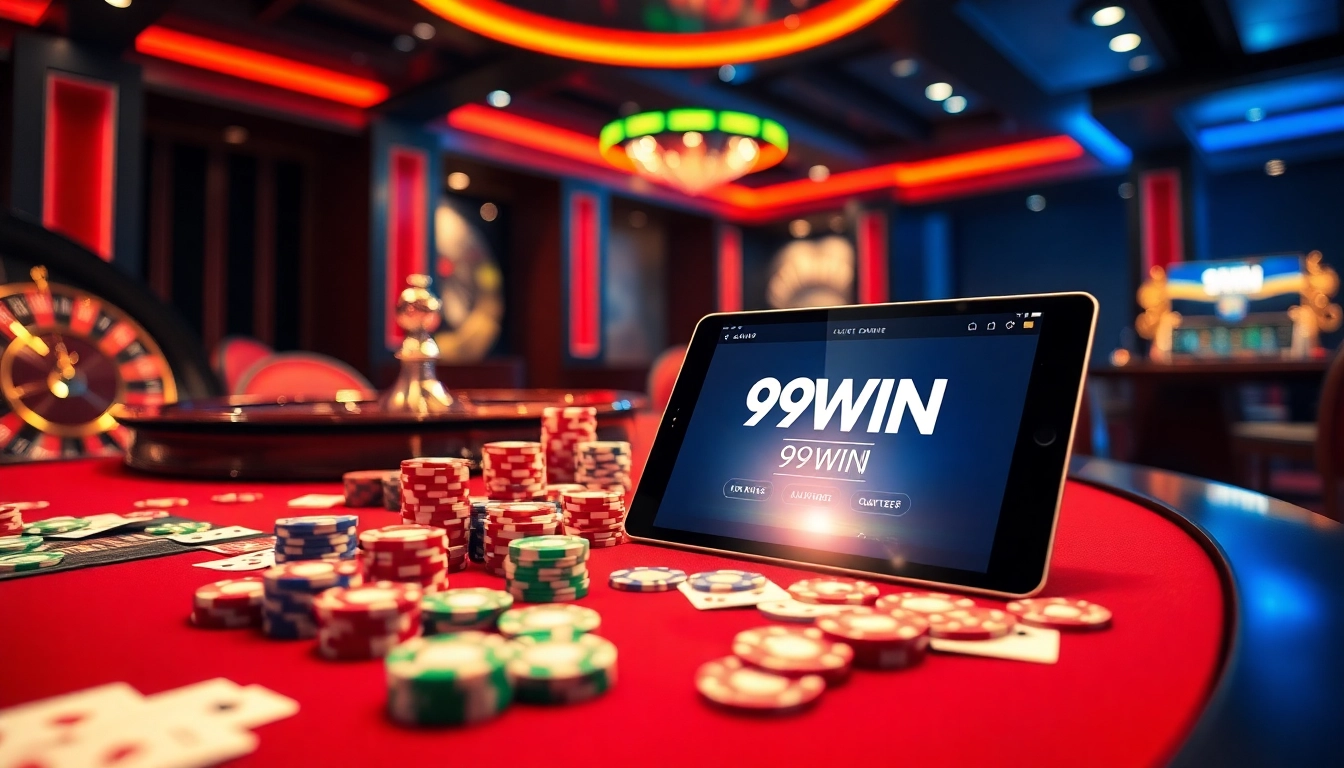 Win big with 99WIN at a luxurious casino table featuring cards and chips.
