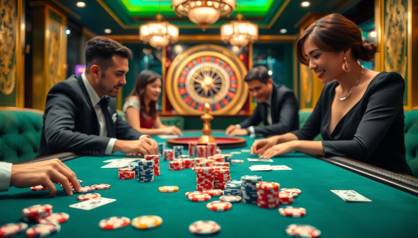 Exciting scene of Đá Gà Thomo BJ888 with players engaged in strategic betting in a luxurious casino setting.