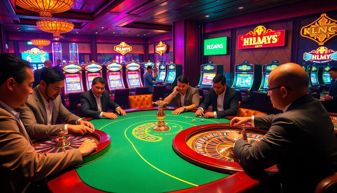 KJC-brand gamblers playing high-stakes poker in a vibrant casino setting.