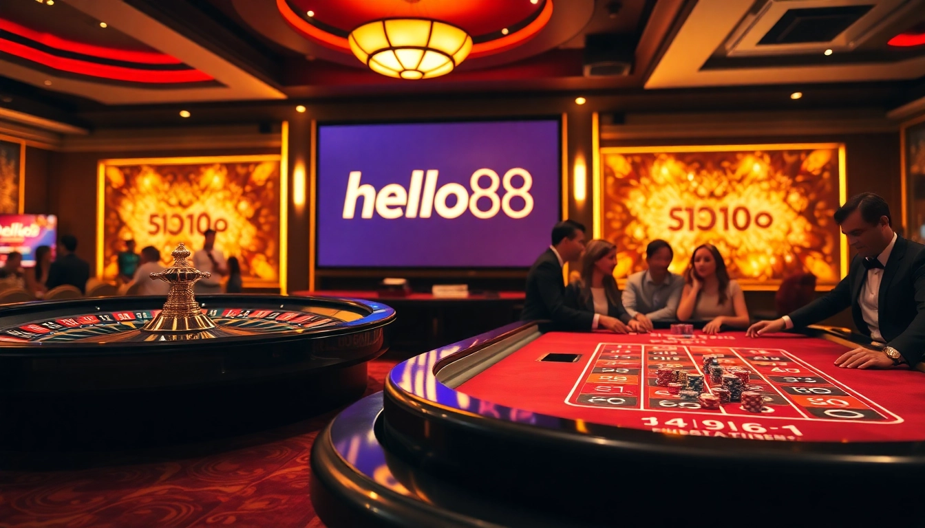 Experience high-stakes gambling at Hello88 with a luxurious casino atmosphere featuring roulette and poker.
