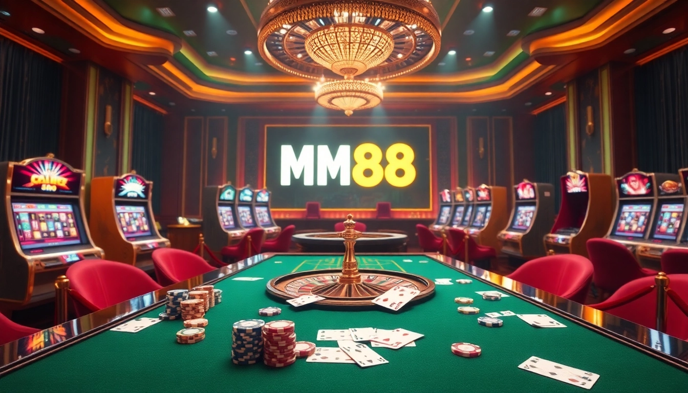 MM88 online casino scene with poker chips, a vibrant roulette wheel, and a luxurious gambling atmosphere.