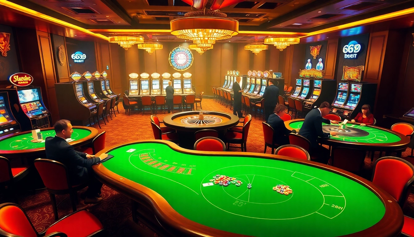 Exciting casino scene with vibrant games and 669bet branding, showcasing luxury and engagement.