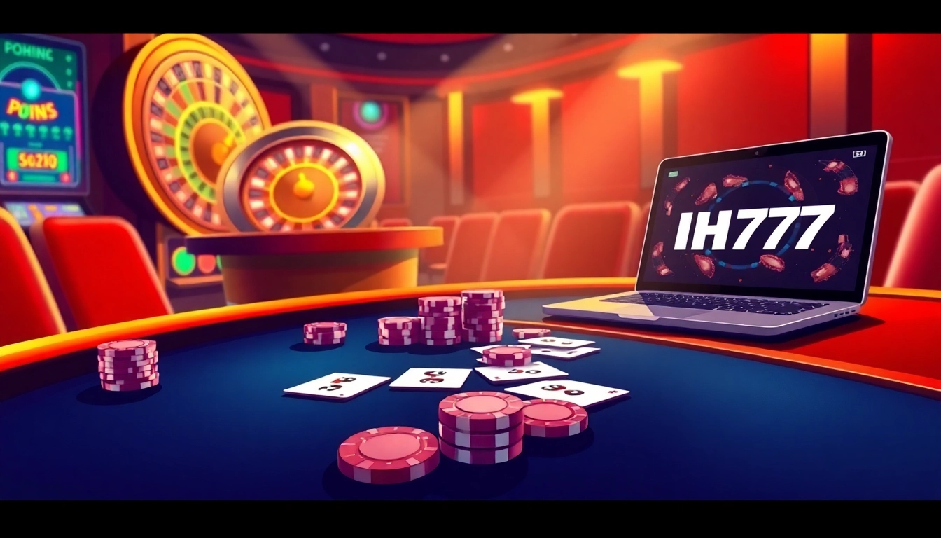 Experience thrilling gameplay with IH777 at a luxurious casino featuring cards, chips, and roulette.