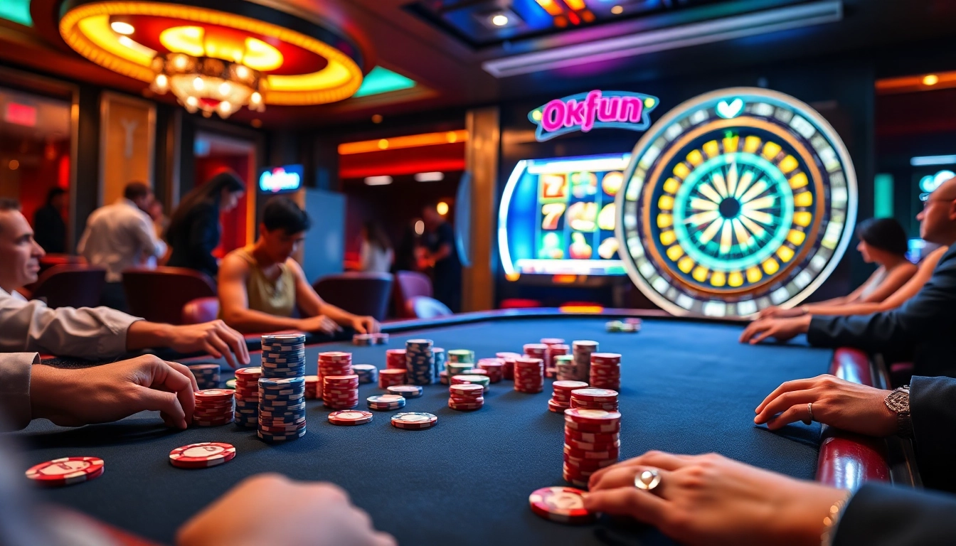 Experience the thrill of the casino as players engage in exciting games at Okfun's poker table.