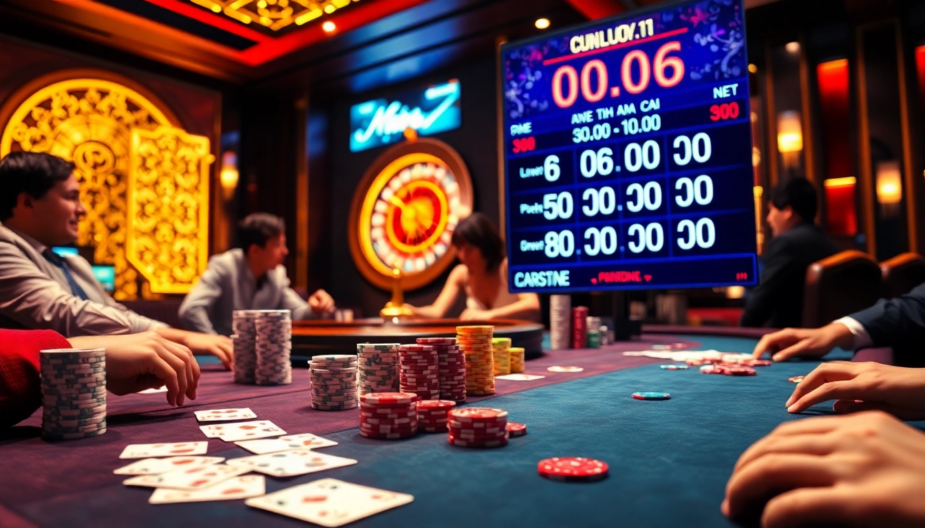 Players engaging with kèo nhà cái odds at a vibrant casino poker table filled with colorful chips.