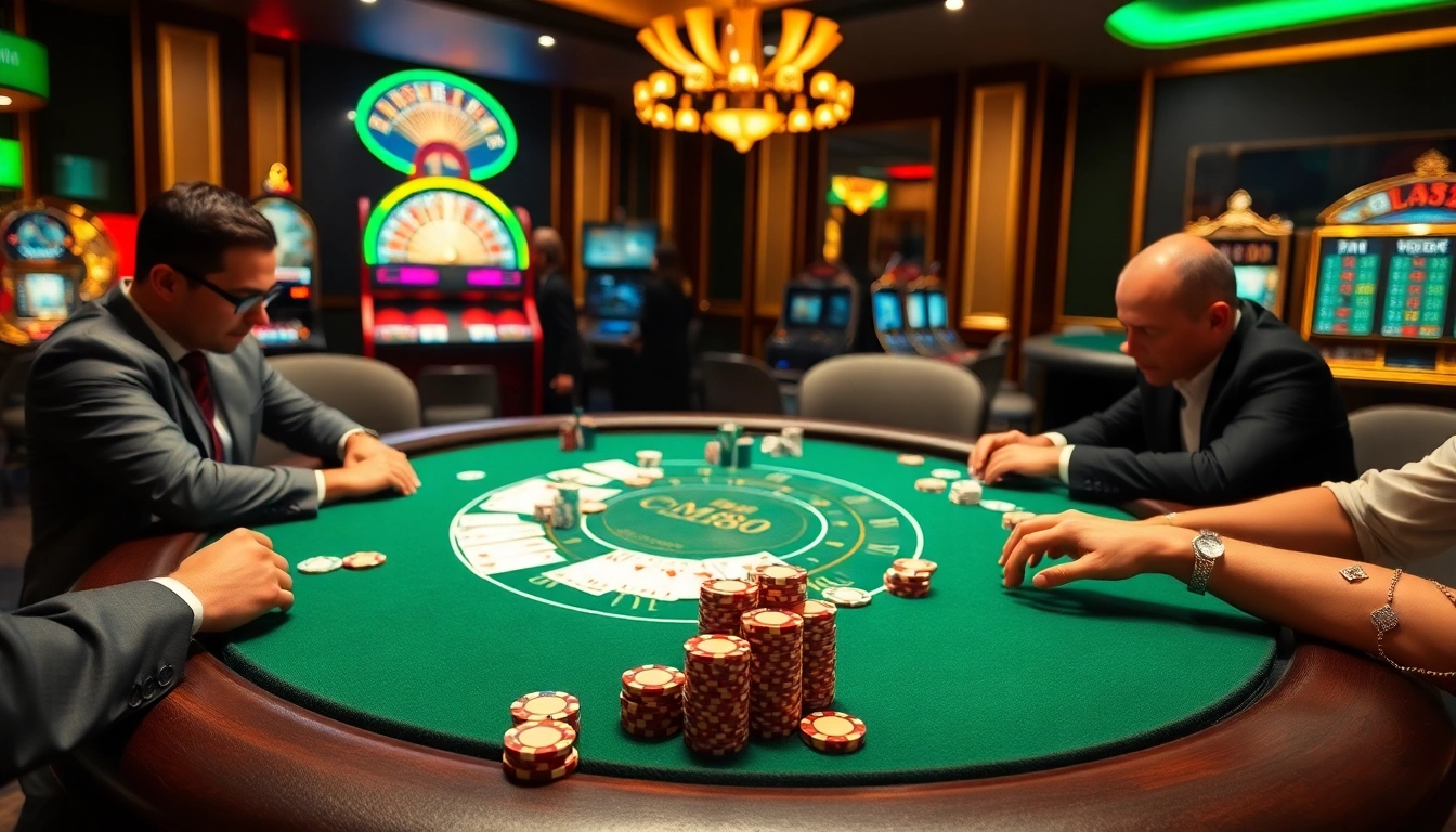 mm88 casino scene showcasing poker players and vibrant roulette wheels for an exciting gambling experience.
