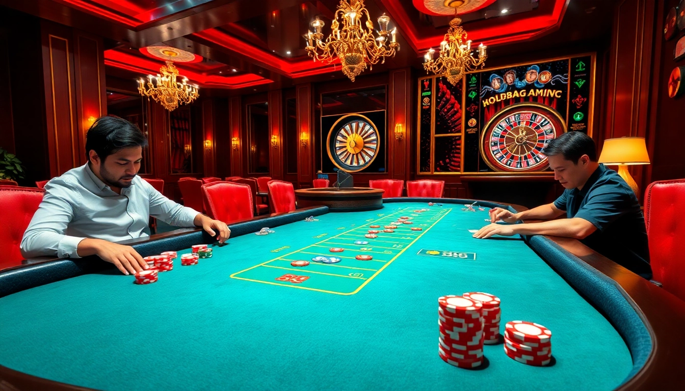 Players experiencing the thrill of poker at MM88 casino, with stylish decor and vibrant atmosphere.