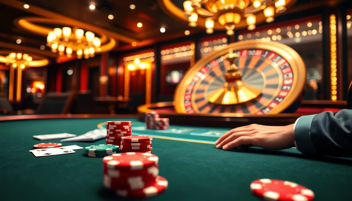 120bet casino scene with poker table and roulette wheel, showcasing excitement in betting.