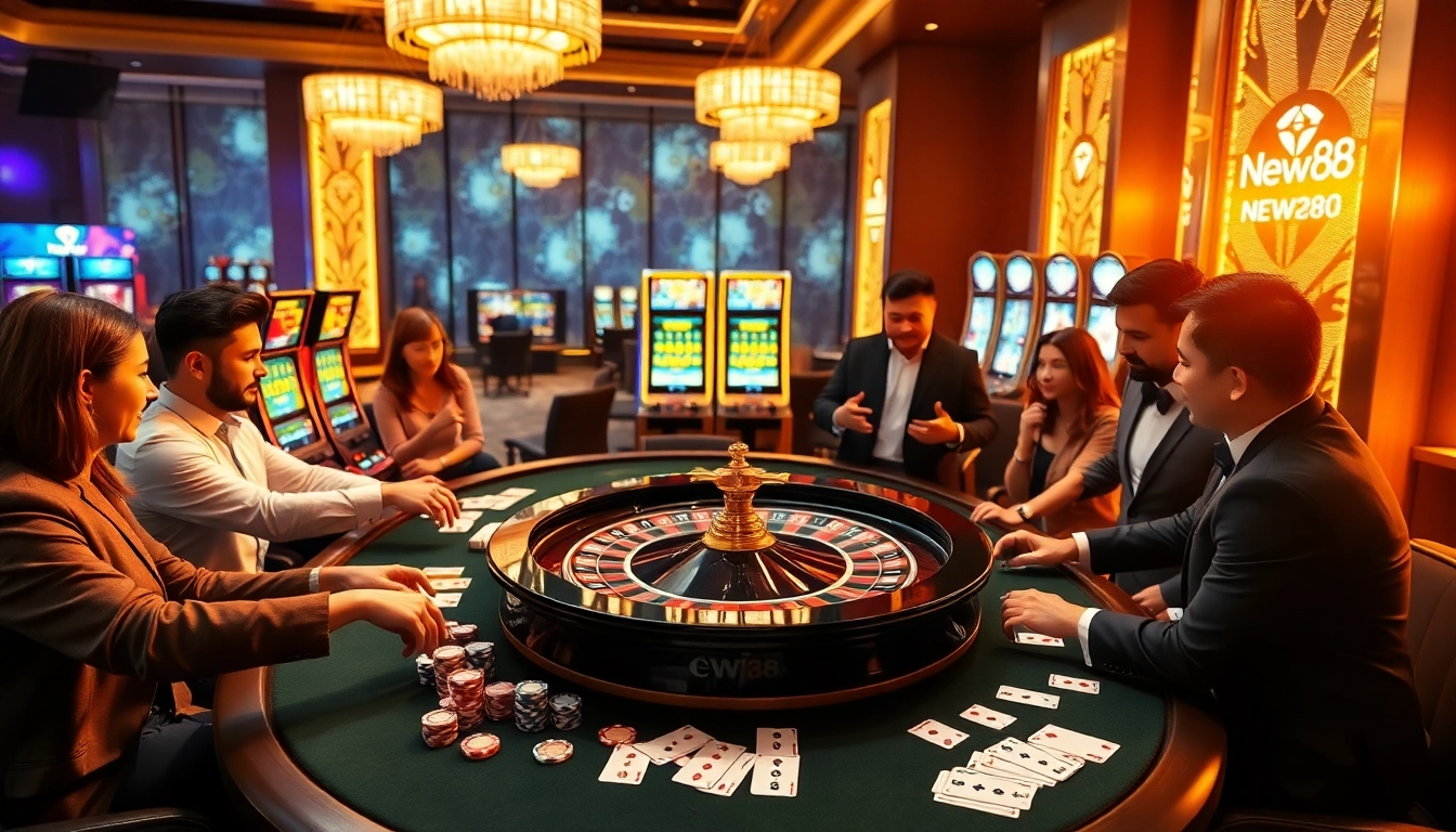 Players enjoying the excitement at nhà cái new88 casino, with vibrant slot machines and a roulette table.