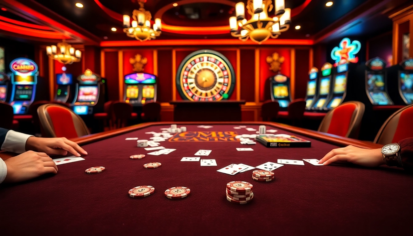 A bustling CM88 casino scene with players engaging at the gaming table, poker chips, and vibrant slot machines.