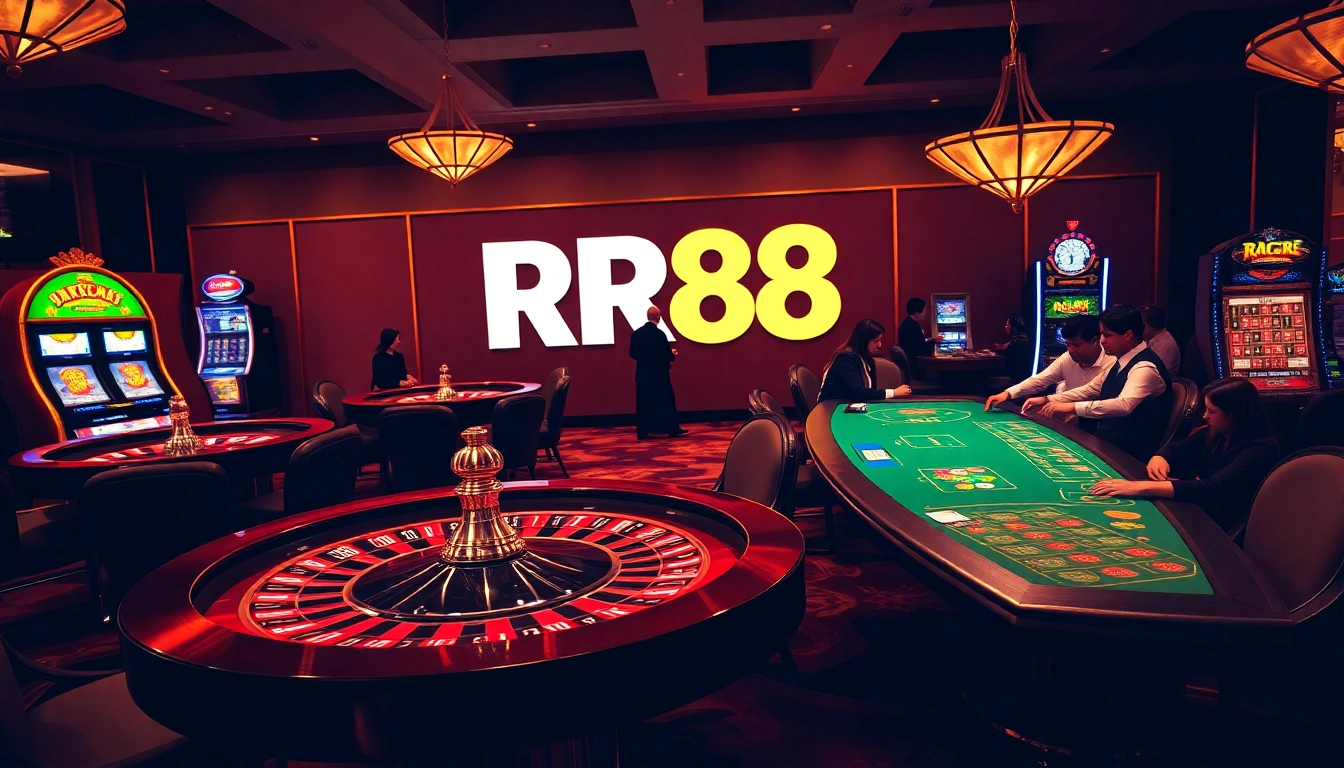 Engage in thrilling gambling experiences at RR88, showcasing poker and roulette excitement.