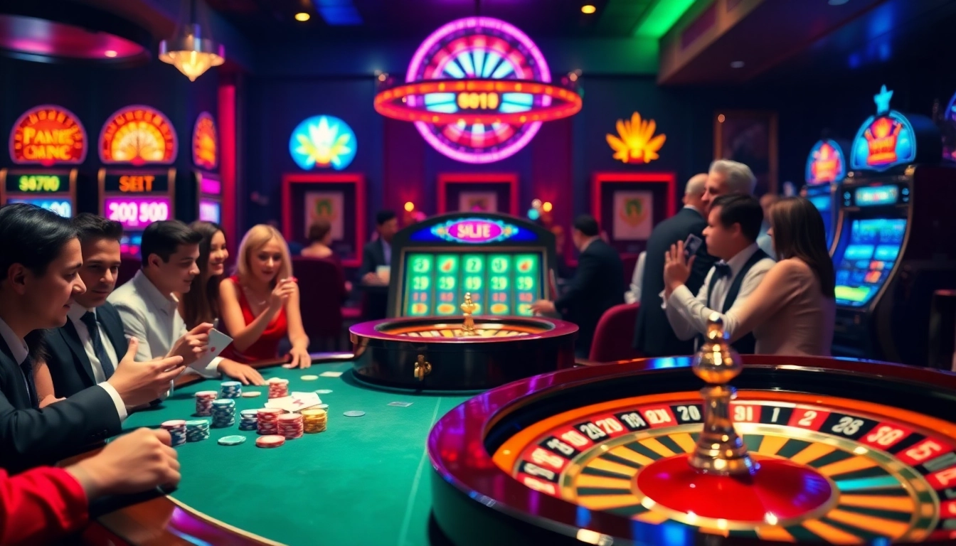 Exciting casino gaming scene with S8 poker players at a vibrant table and slot machines glimmering.