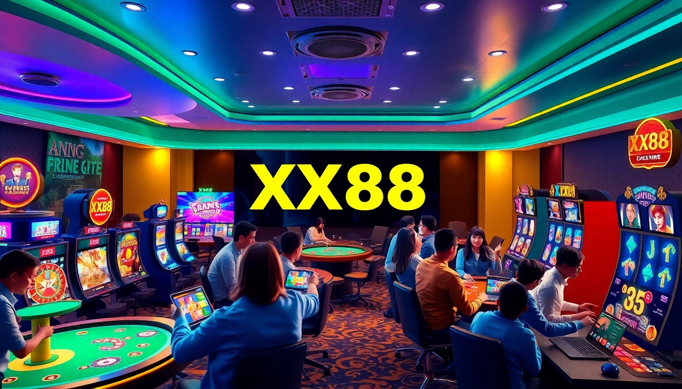 Exciting gaming scene with XX88 brand, showcasing vibrant casino action and immersive environments.