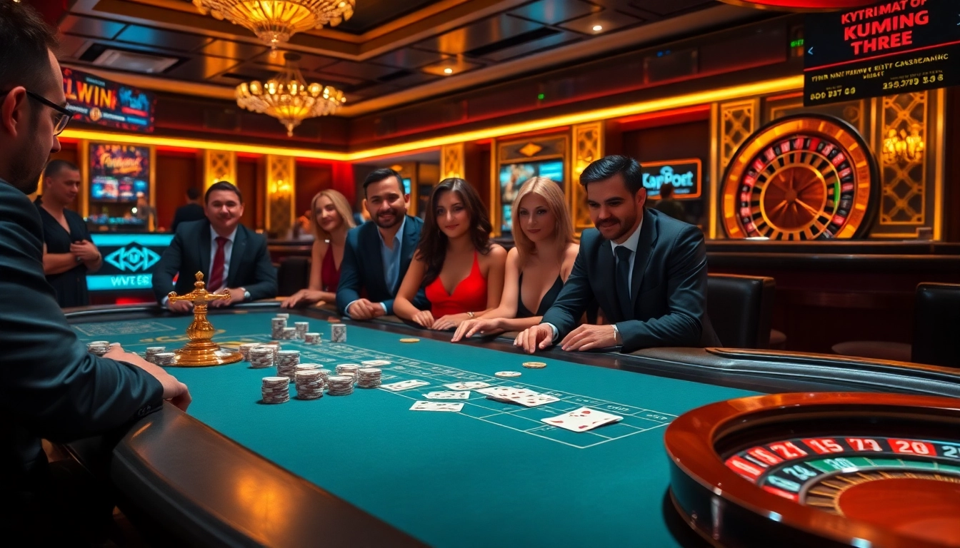 Kuwin casino table with players strategizing for big wins in an elegant setting.