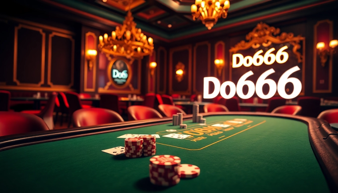 Players engaging in high-stakes poker at a stylish Do666 casino table adorned with luxurious decor.