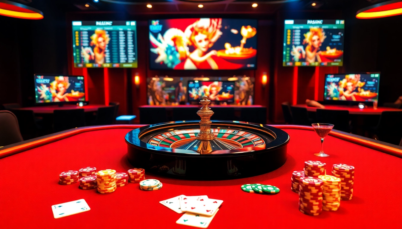 Action-packed scene at https://tha-bet.pro/, featuring poker chips and a roulette wheel, showcasing online gambling excitement.