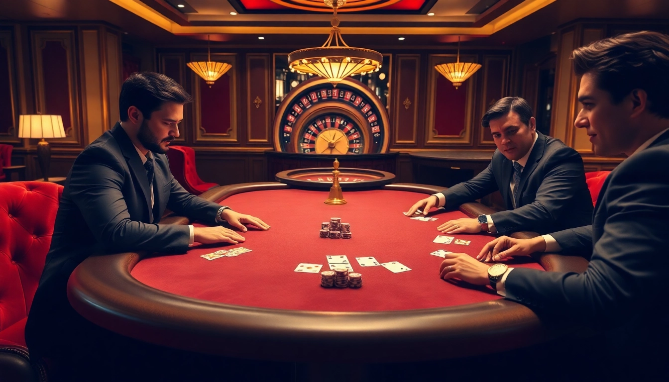 Kubet77 players engaging in a high-stakes poker game at an elegant casino table.
