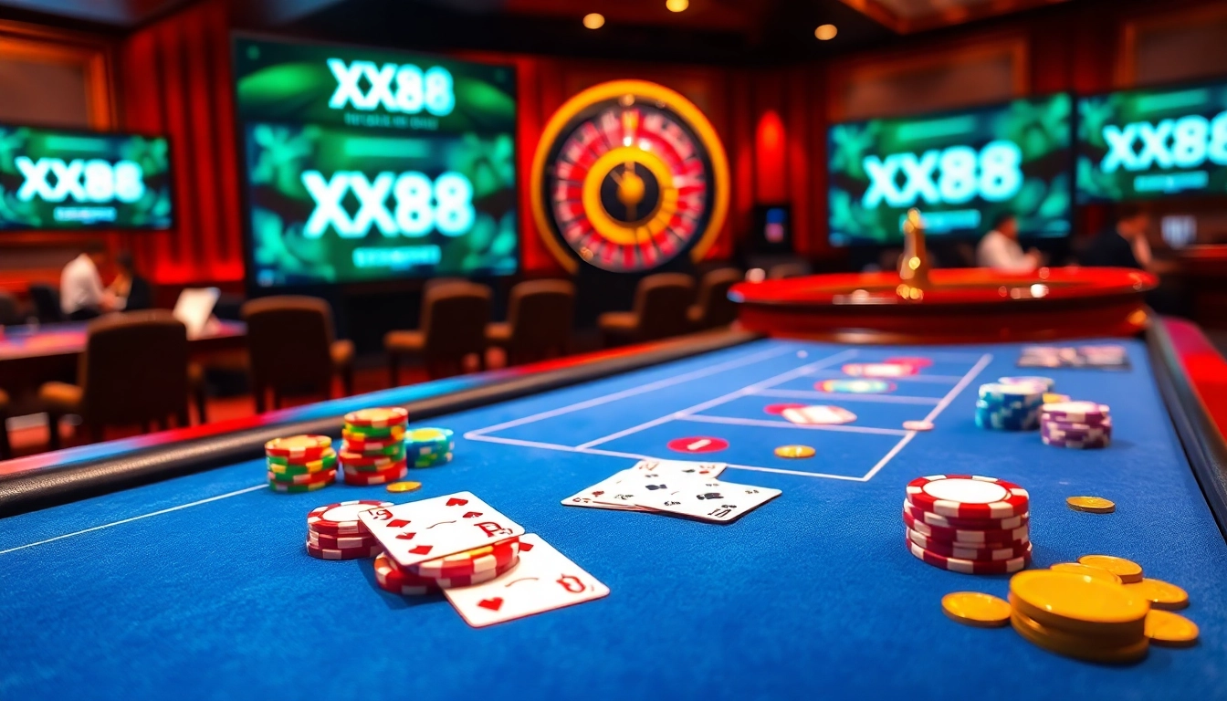 Experience thrilling gameplay at XX88 casino with poker tables and roulette wheels.