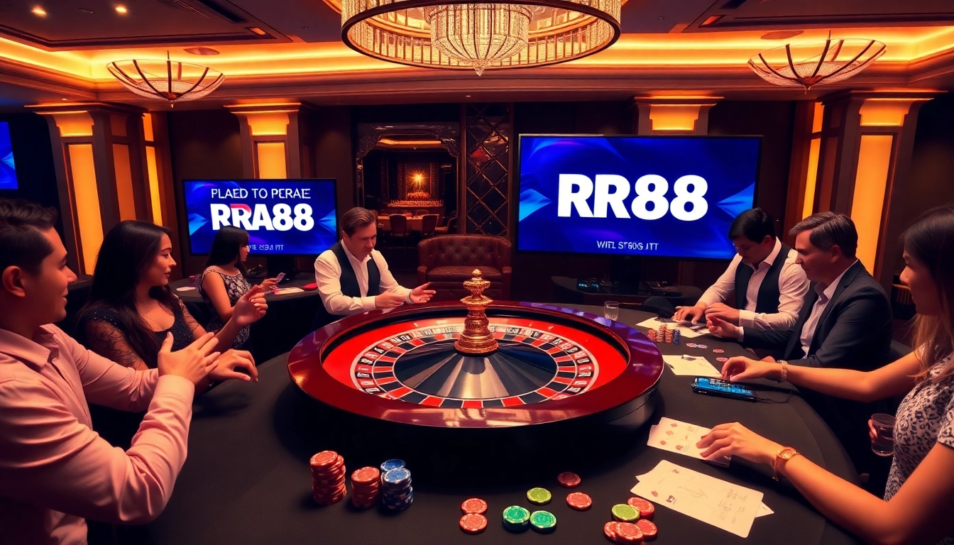 Betting excitement at RR88's casino with players at the roulette table and vibrant chips.