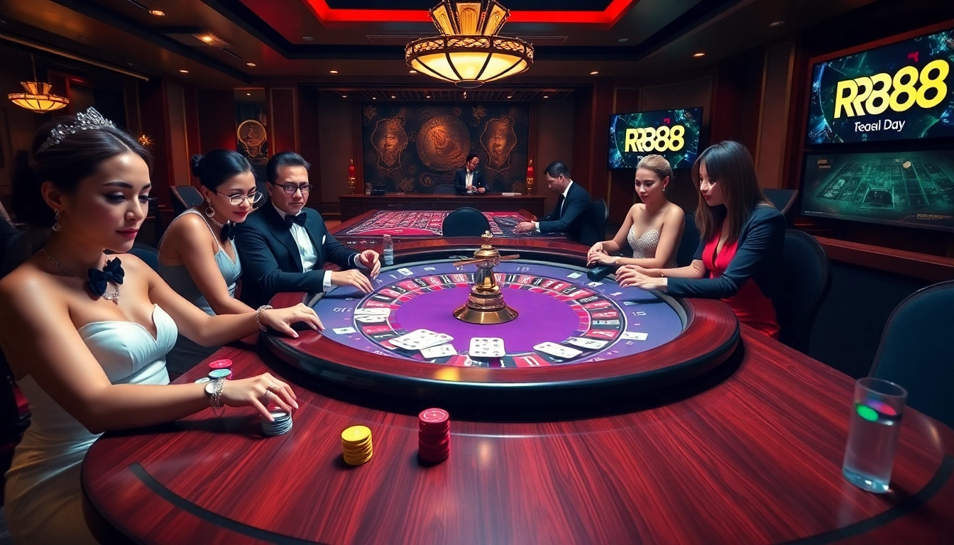 Experience table gaming action at https://rr88it.com/ with poker chips and cards in a vibrant casino scene.