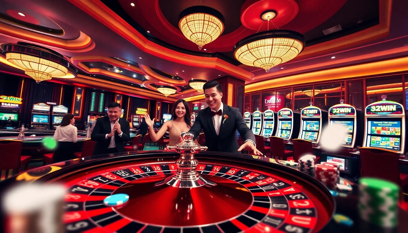 Gambling excitement at 32win trang chủ with players, roulette, and slot machines.