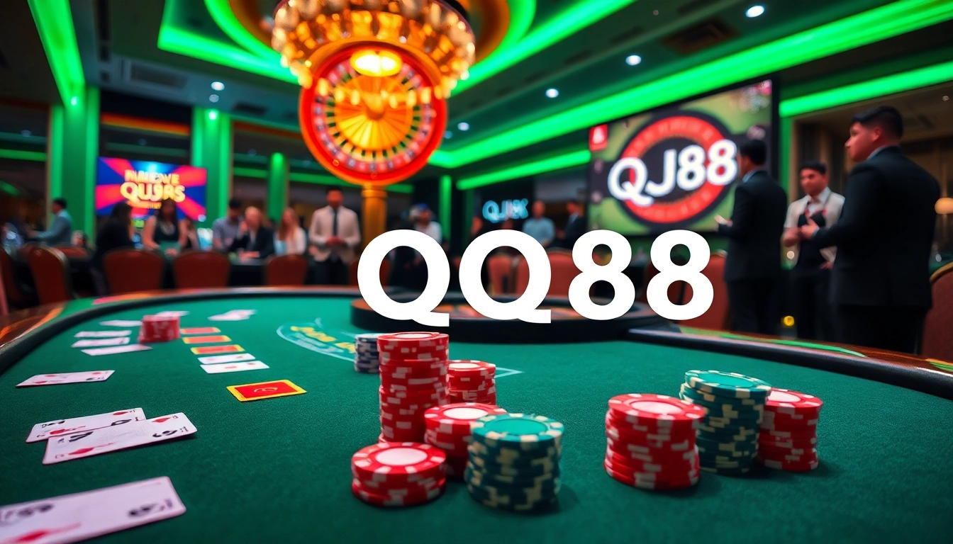 Experience a thrilling poker game at QQ88 casino with vibrant chips and a roulette wheel.