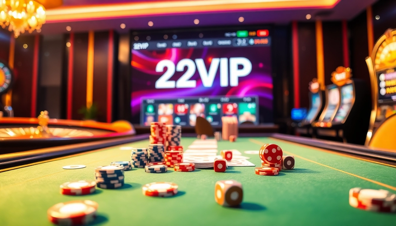 Experience the vibrant atmosphere at 22VIP with chips, cards, and a roulette wheel showcasing luxury gambling.