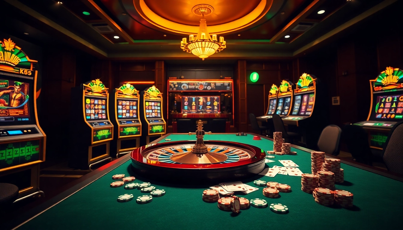 Engaging MM 88 casino interface showcasing slot machines, roulette wheel, and poker cards.