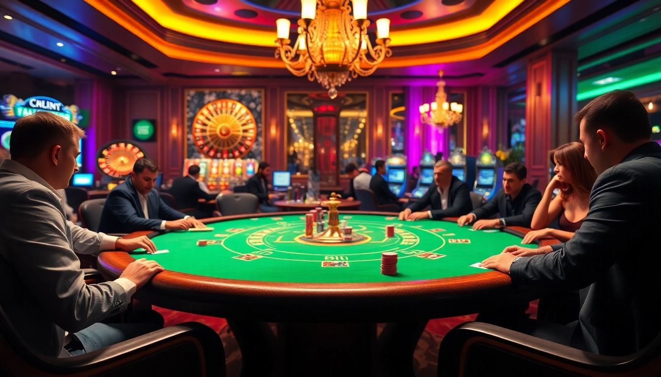 Players enjoying a thrilling GG88COM BET poker game amid a luxurious casino atmosphere.
